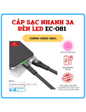 Cáp sạc nhanh 1m/2m cao cấp EARLDOM EC-081 3.0A có đèn báo LED, chống đứt gãy, nhựa cao cấp