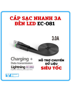Cáp sạc nhanh 1m/2m cao cấp EARLDOM EC-081 3.0A có đèn báo LED, chống đứt gãy, nhựa cao cấp